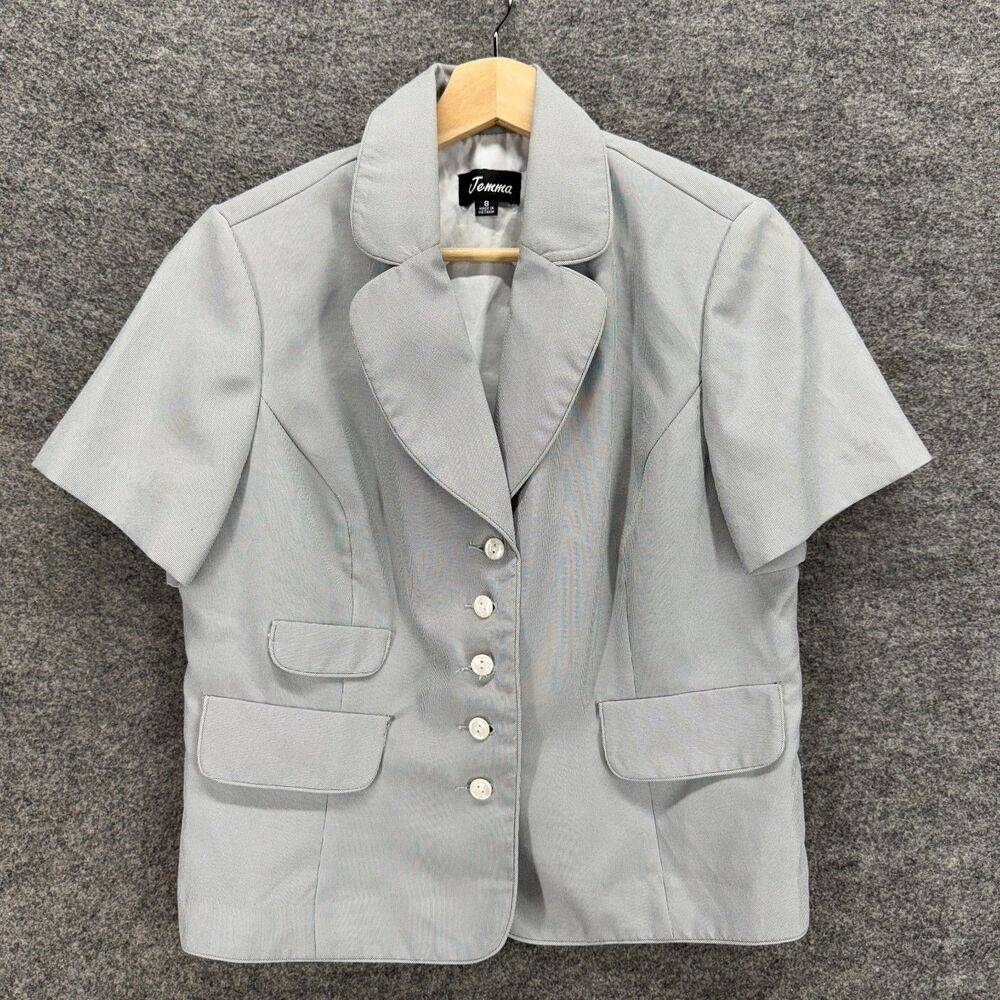 Jemma Blazer Women 8 Gray Button Up Collared Short Sleeve Pockets Classic Fit